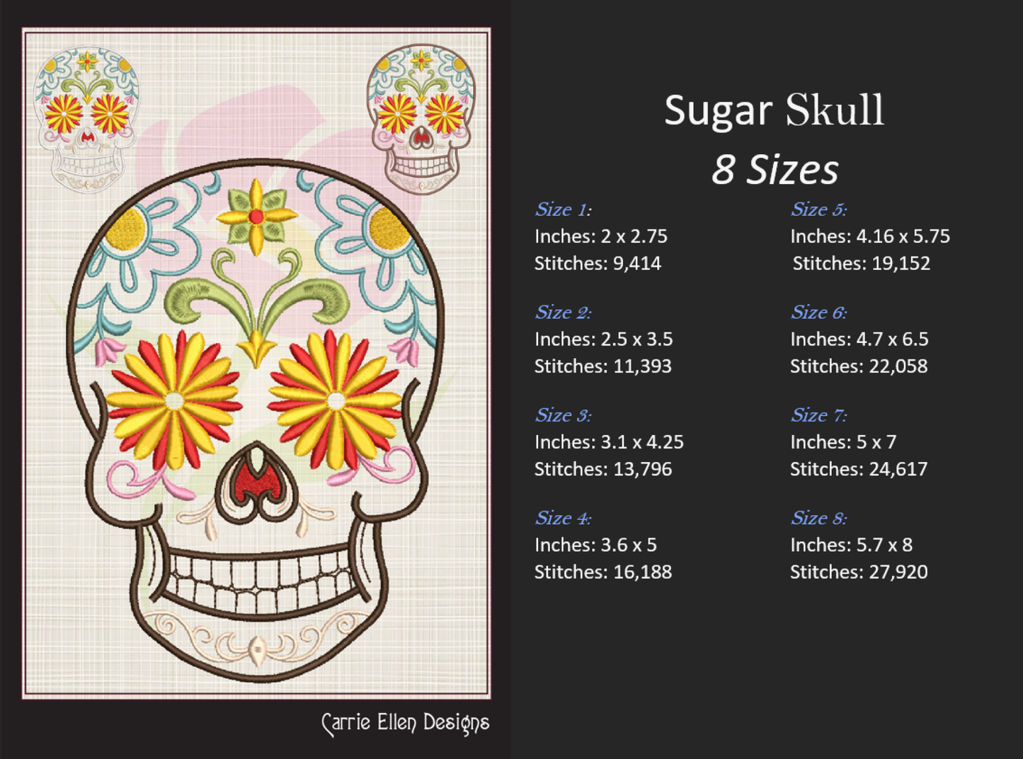 Sugar Skull Machine Embroidery Design – Day of the Dead Pattern – Dia de Los Muertos – 8 Sizes (1005)