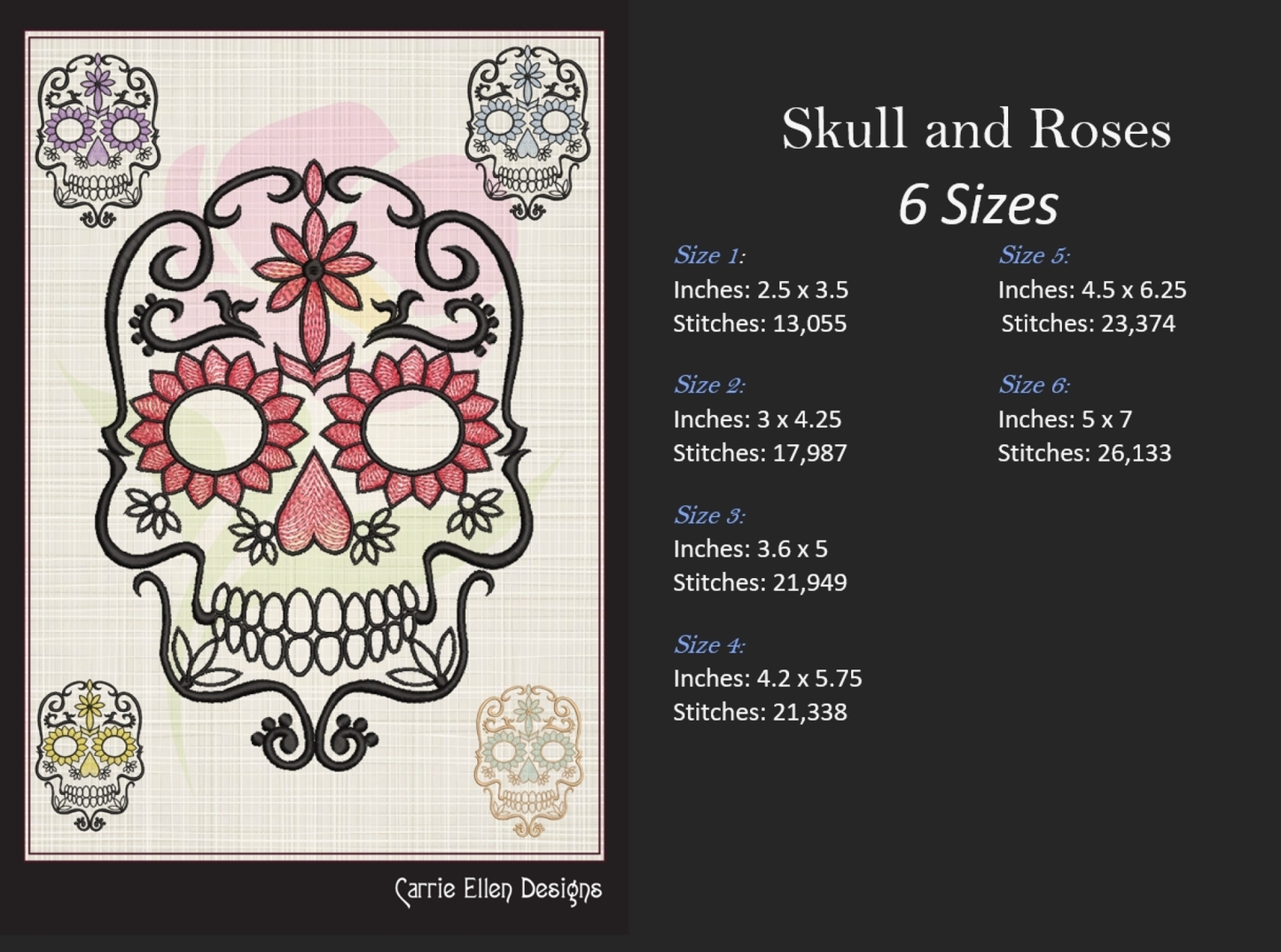 Sugar Skull Machine Embroidery Design – Dia de Los Muertos Day of the Dead, 6 Sizes (1042)