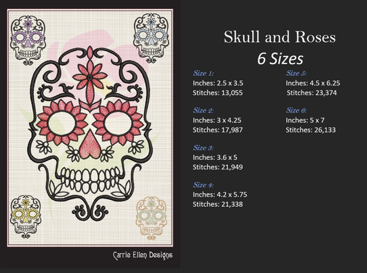 Sugar Skull Machine Embroidery Design – Dia de Los Muertos Day of the Dead, 6 Sizes (1042)