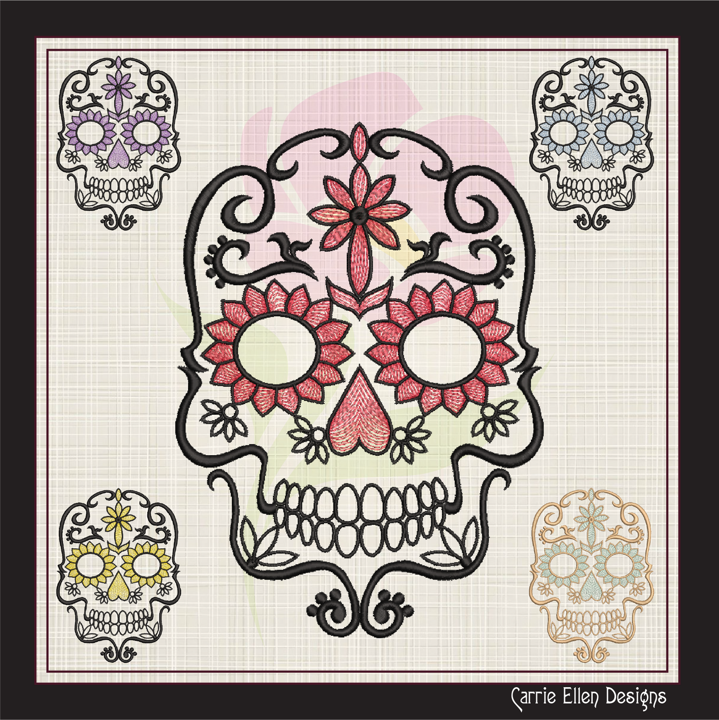 Sugar Skull Machine Embroidery Design – Dia de Los Muertos Day of the Dead, 6 Sizes (1042)