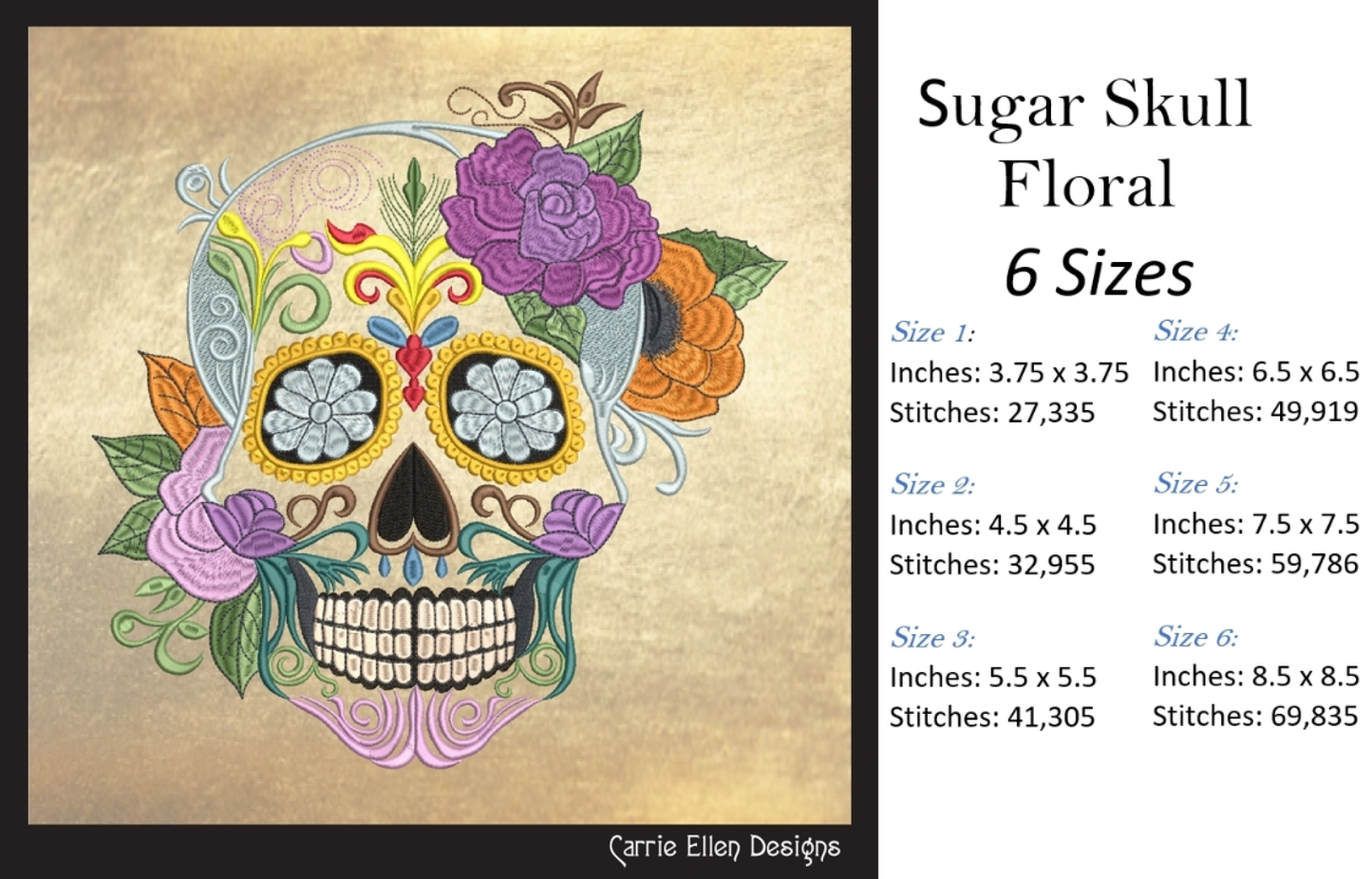 Sugar Skull with Flowers Machine Embroidery Design – Day of the Dead Pattern – 6 Sizes (1572)