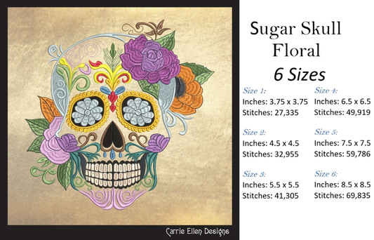 Sugar Skull with Flowers Machine Embroidery Design – Day of the Dead Pattern – 6 Sizes (1572)