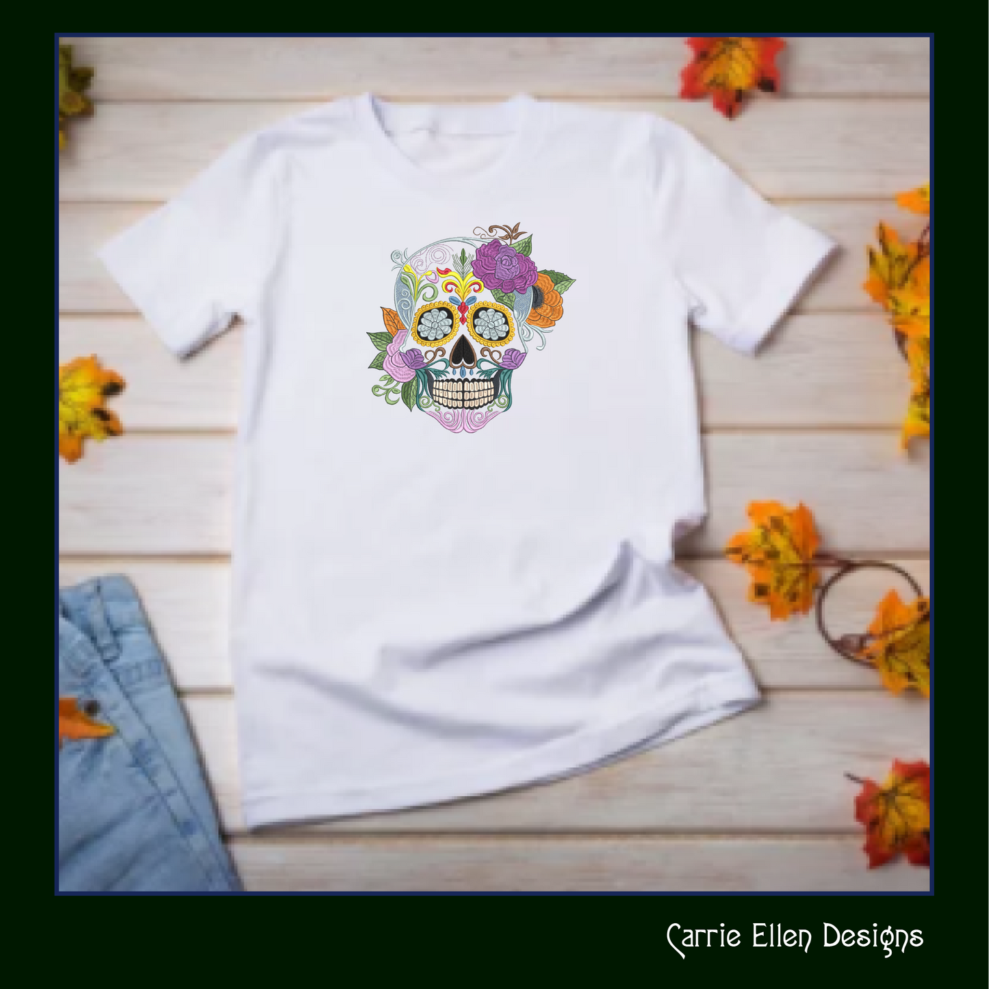 Sugar Skull with Flowers Machine Embroidery Design – Day of the Dead Pattern – 6 Sizes (1572)
