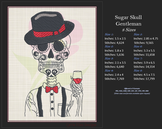 Sugar Skull Gentleman Machine Embroidery Design | Day of the Dead Skeleton with Bow Tie and Wine | Dia De Los Muertos Embroidery | 8 Sizes (0842)
