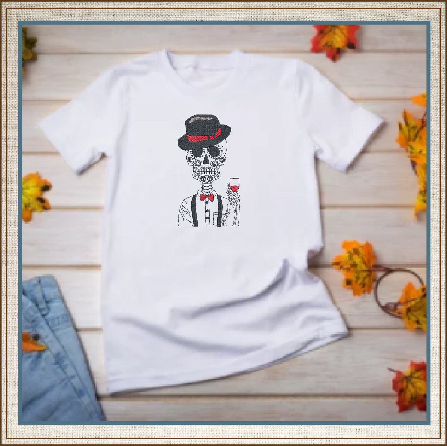 Sugar Skull Gentleman Machine Embroidery Design | Day of the Dead Skeleton with Bow Tie and Wine | Dia De Los Muertos Embroidery | 8 Sizes (0842)
