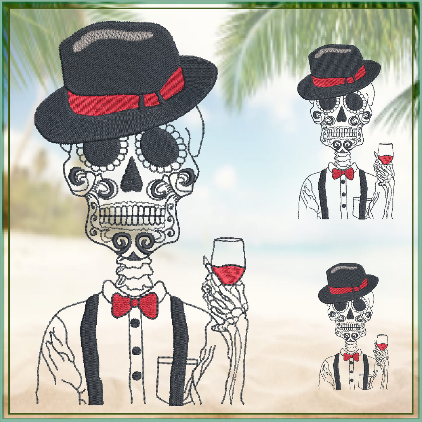 Sugar Skull Gentleman Machine Embroidery Design | Day of the Dead Skeleton with Bow Tie and Wine | Dia De Los Muertos Embroidery | 8 Sizes (0842)