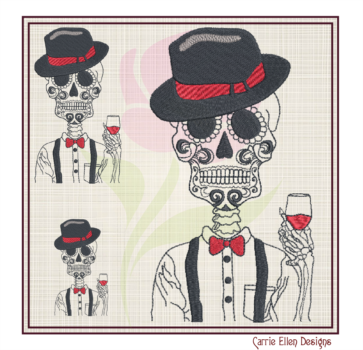 Sugar Skull Gentleman Machine Embroidery Design | Day of the Dead Skeleton with Bow Tie and Wine | Dia De Los Muertos Embroidery | 8 Sizes (0842)