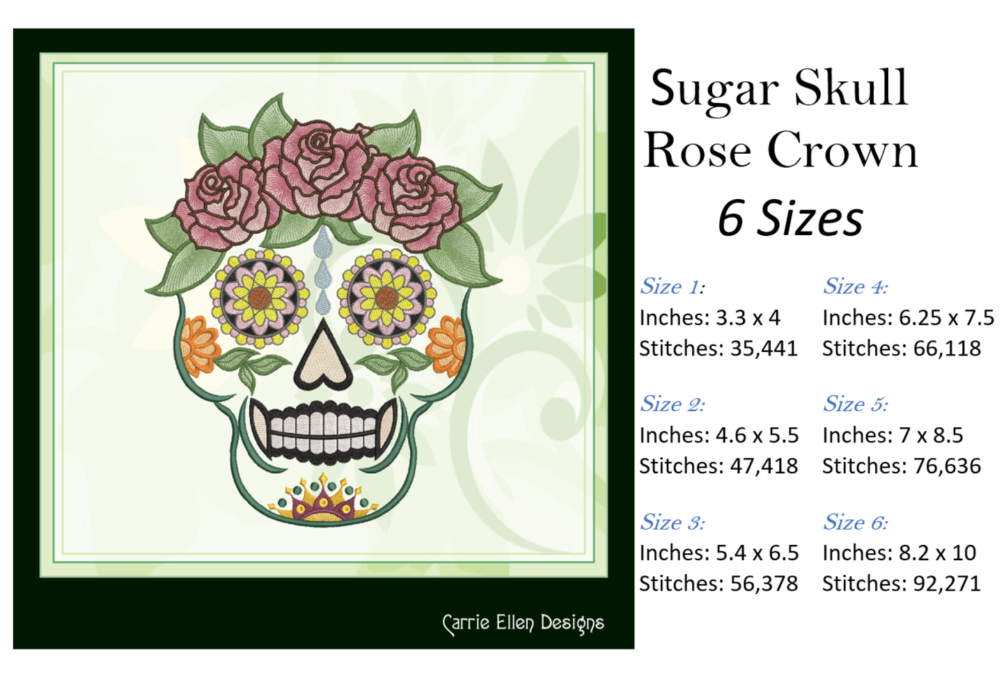 Sugar Skull with Roses Machine Embroidery Design – Day of the Dead Pattern – 6 Sizes (1575)