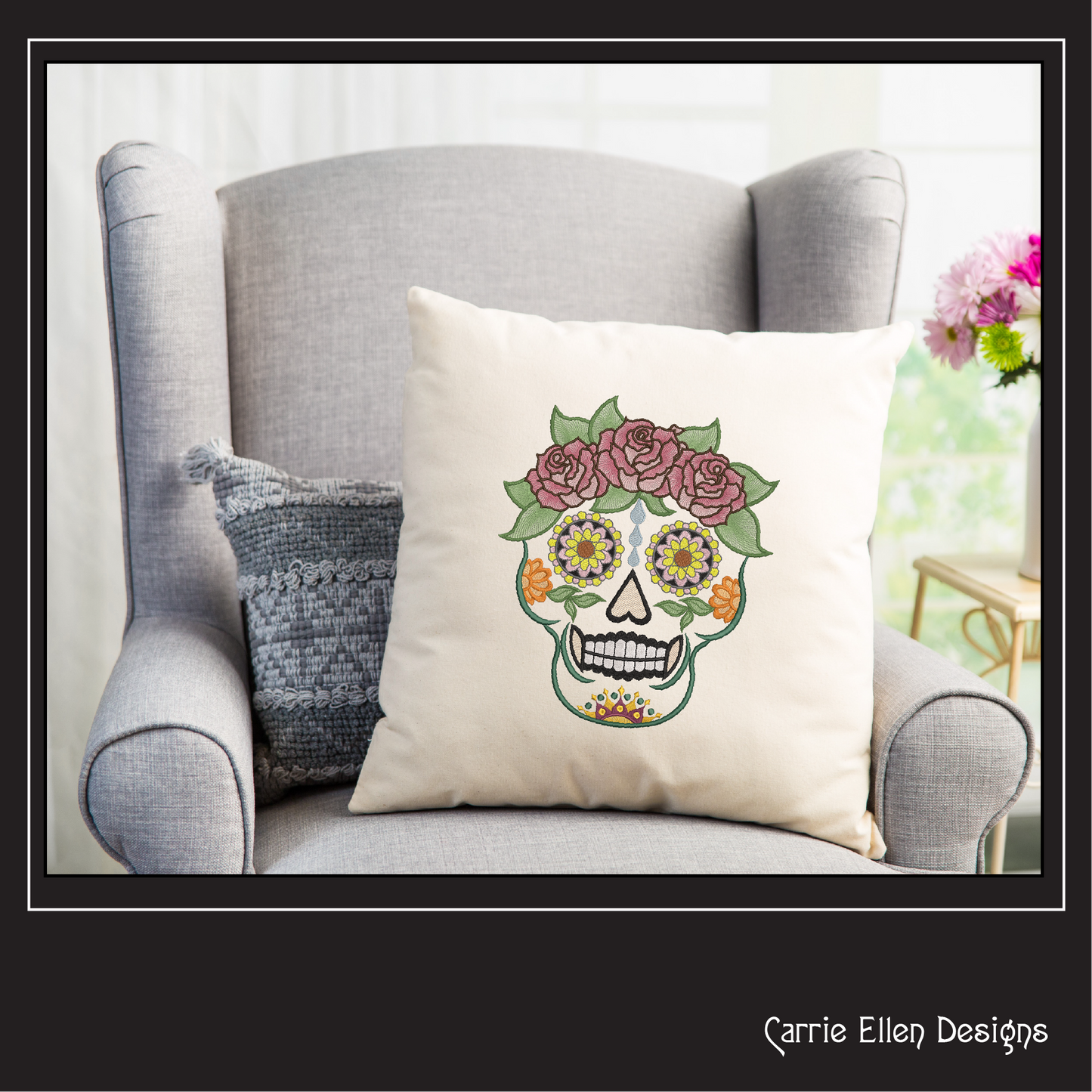 Sugar Skull with Roses Machine Embroidery Design – Day of the Dead Pattern – 6 Sizes (1575)