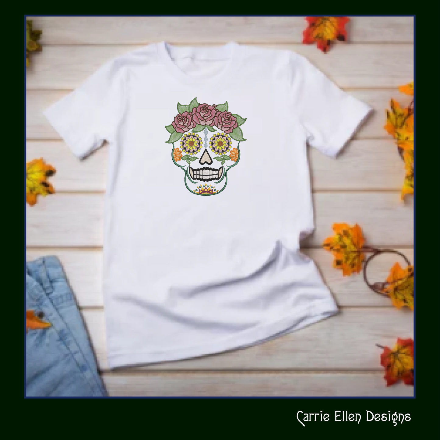 Sugar Skull with Roses Machine Embroidery Design – Day of the Dead Pattern – 6 Sizes (1575)