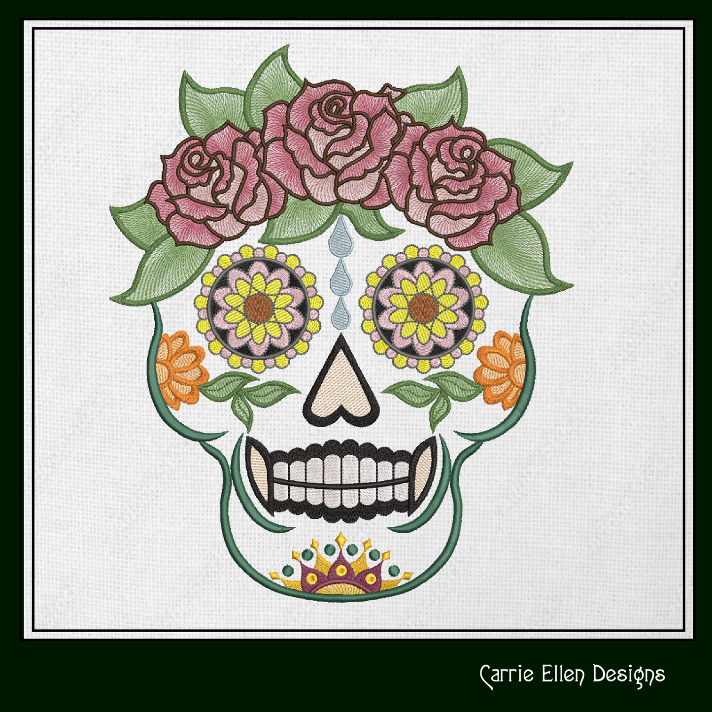 Sugar Skull with Roses Machine Embroidery Design – Day of the Dead Pattern – 6 Sizes (1575)