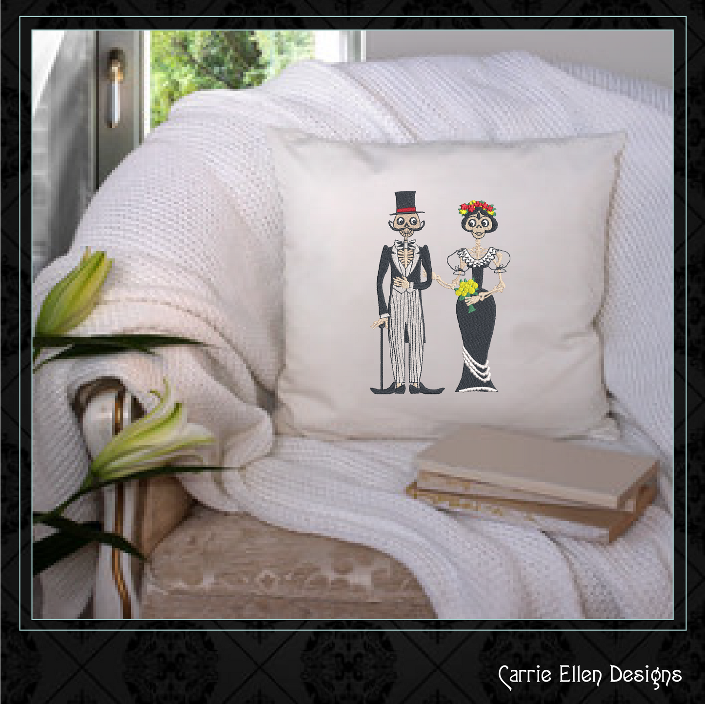 Sugar Skull Wedding Couple Machine Embroidery Design – Dia de Los Muertos Holiday Design – 6 Sizes (1009)