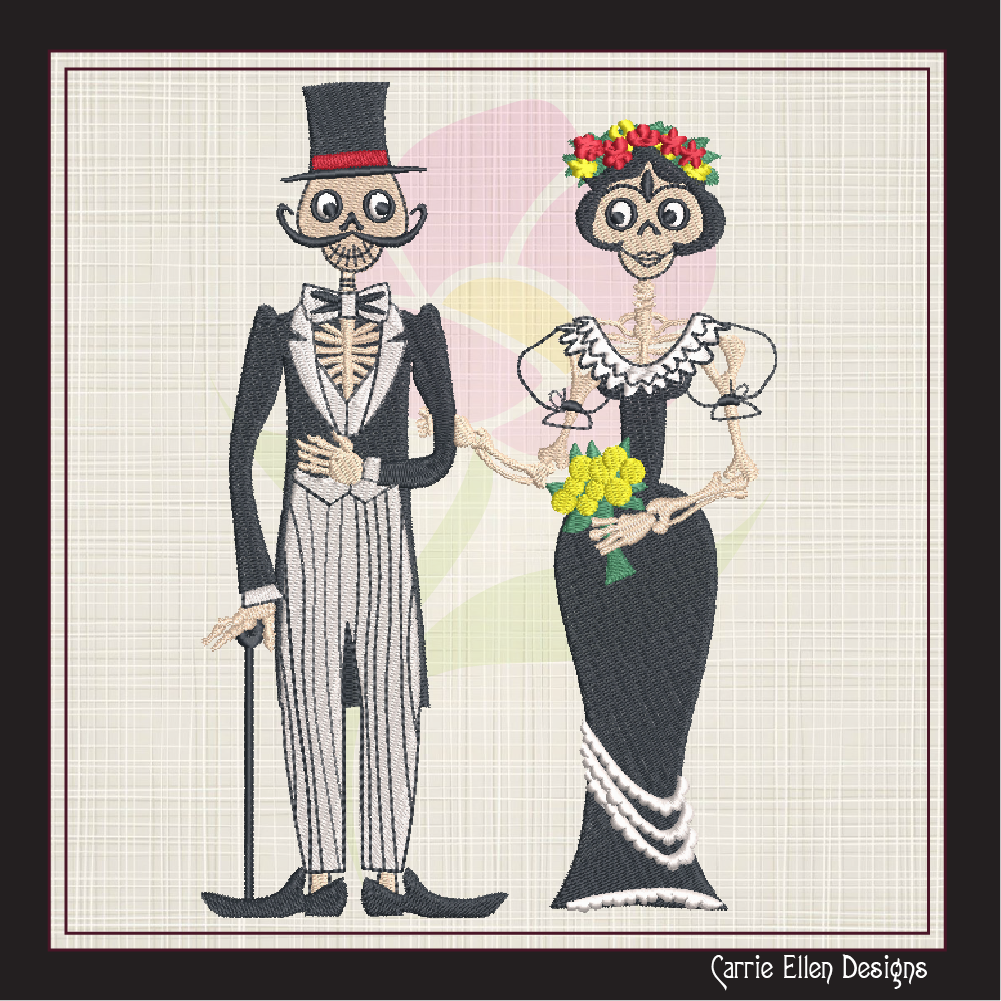 Sugar Skull Wedding Couple Machine Embroidery Design – Dia de Los Muertos Holiday Design – 6 Sizes (1009)