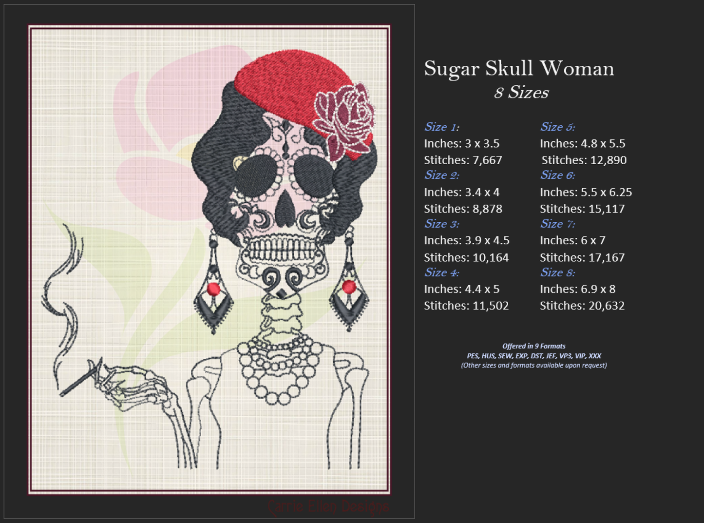 Sugar Skull Woman Machine Embroidery Design | Day of the Dead Skeleton with Classic Cigarette | Dia De Los Muertos Embroidery | 8 Sizes (0843)