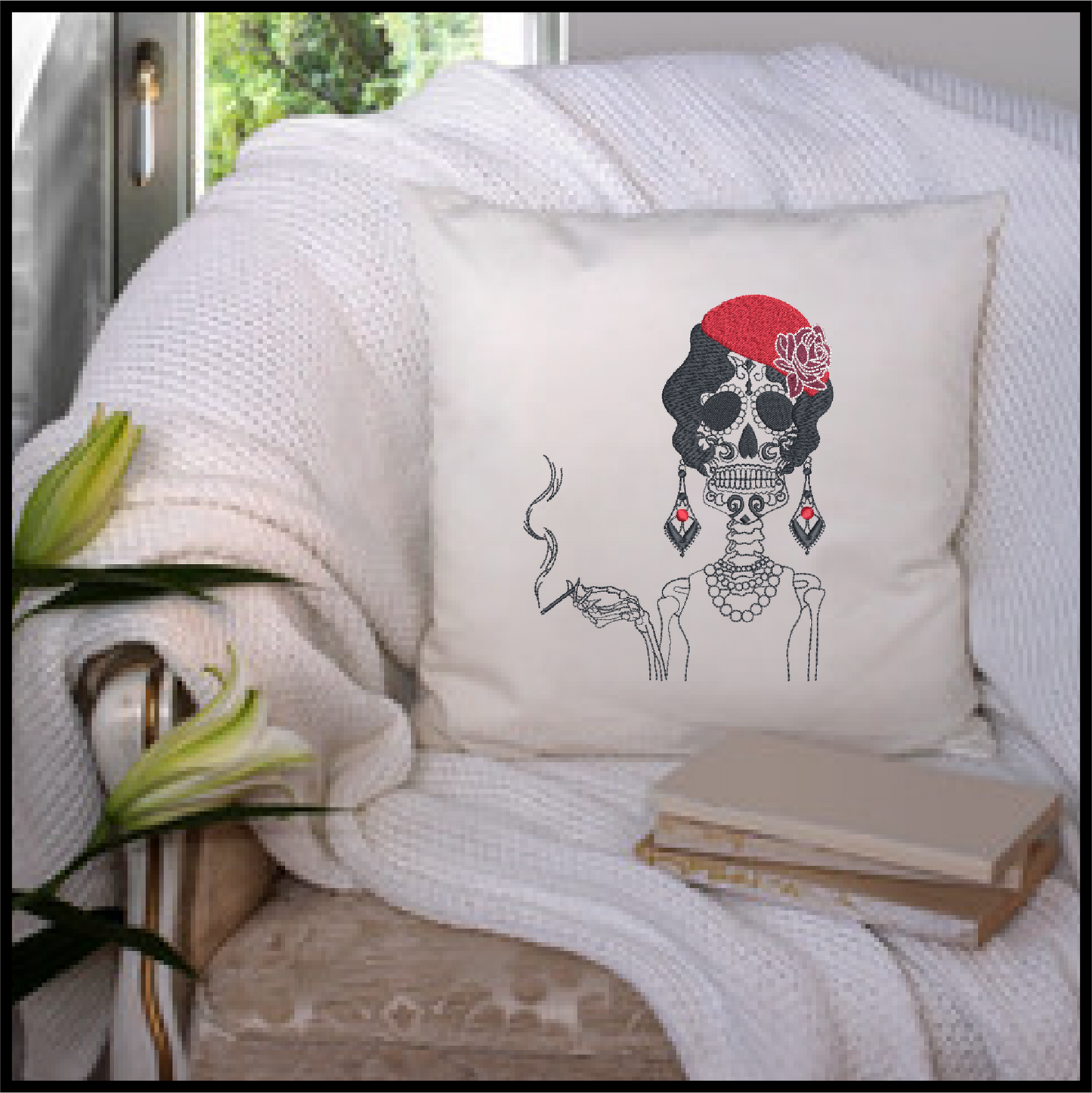 Sugar Skull Woman Machine Embroidery Design | Day of the Dead Skeleton with Classic Cigarette | Dia De Los Muertos Embroidery | 8 Sizes (0843)