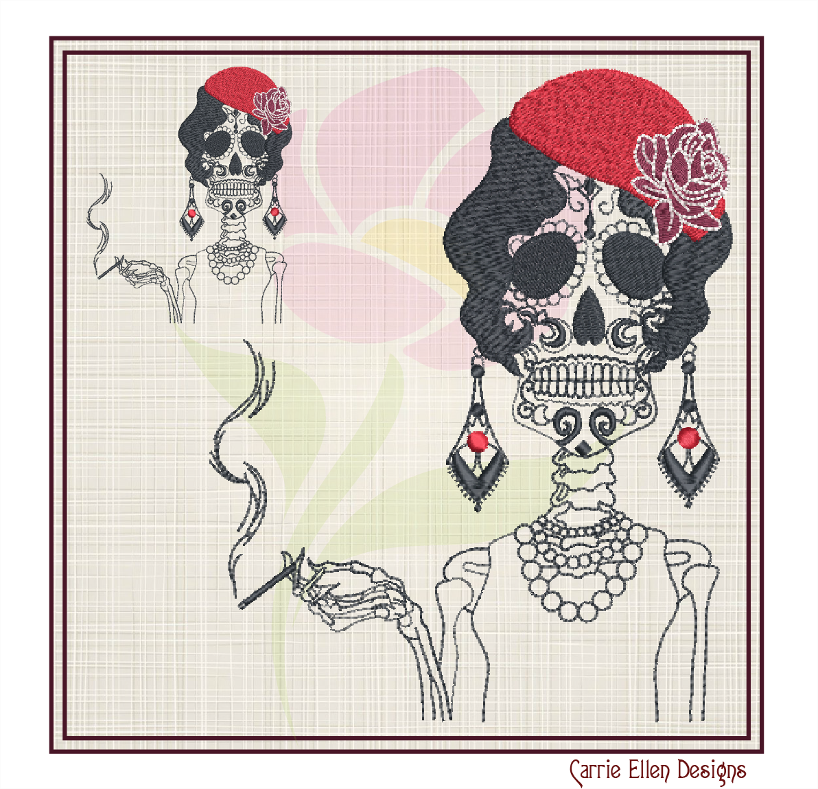 Sugar Skull Woman Machine Embroidery Design | Day of the Dead Skeleton with Classic Cigarette | Dia De Los Muertos Embroidery | 8 Sizes (0843)