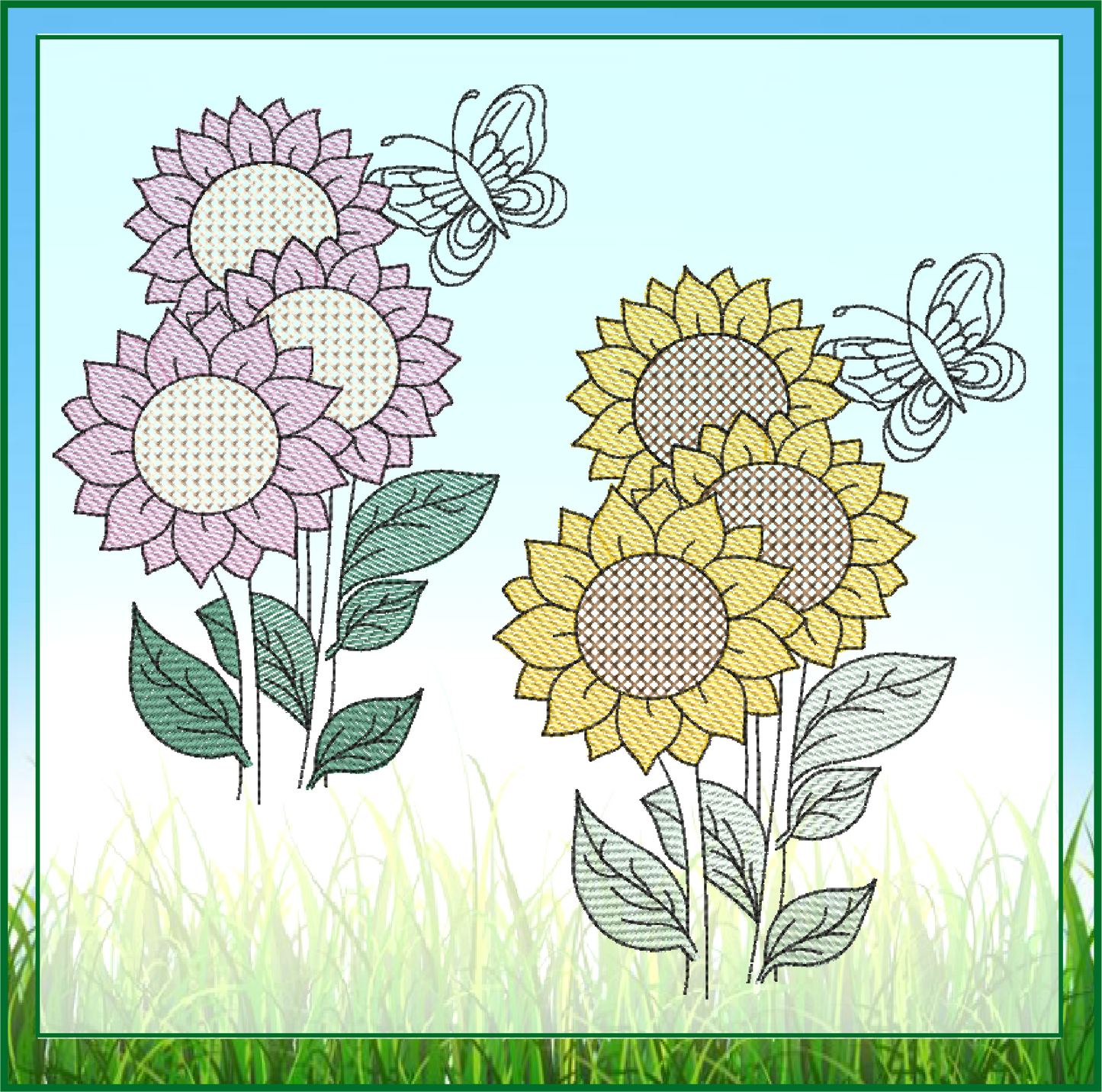 Sunflower with Butterfly Machine Embroidery Design | Colorful Floral Garden Pattern | Bright Flower Embroidery | 6 Sizes (0598)