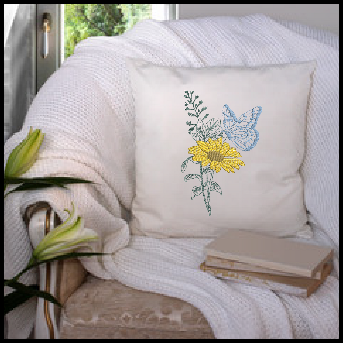 Sunflower and Butterfly Machine Embroidery Design | Artistic Sketch | Home & Garden Line Art | 6 Sizes (0743)