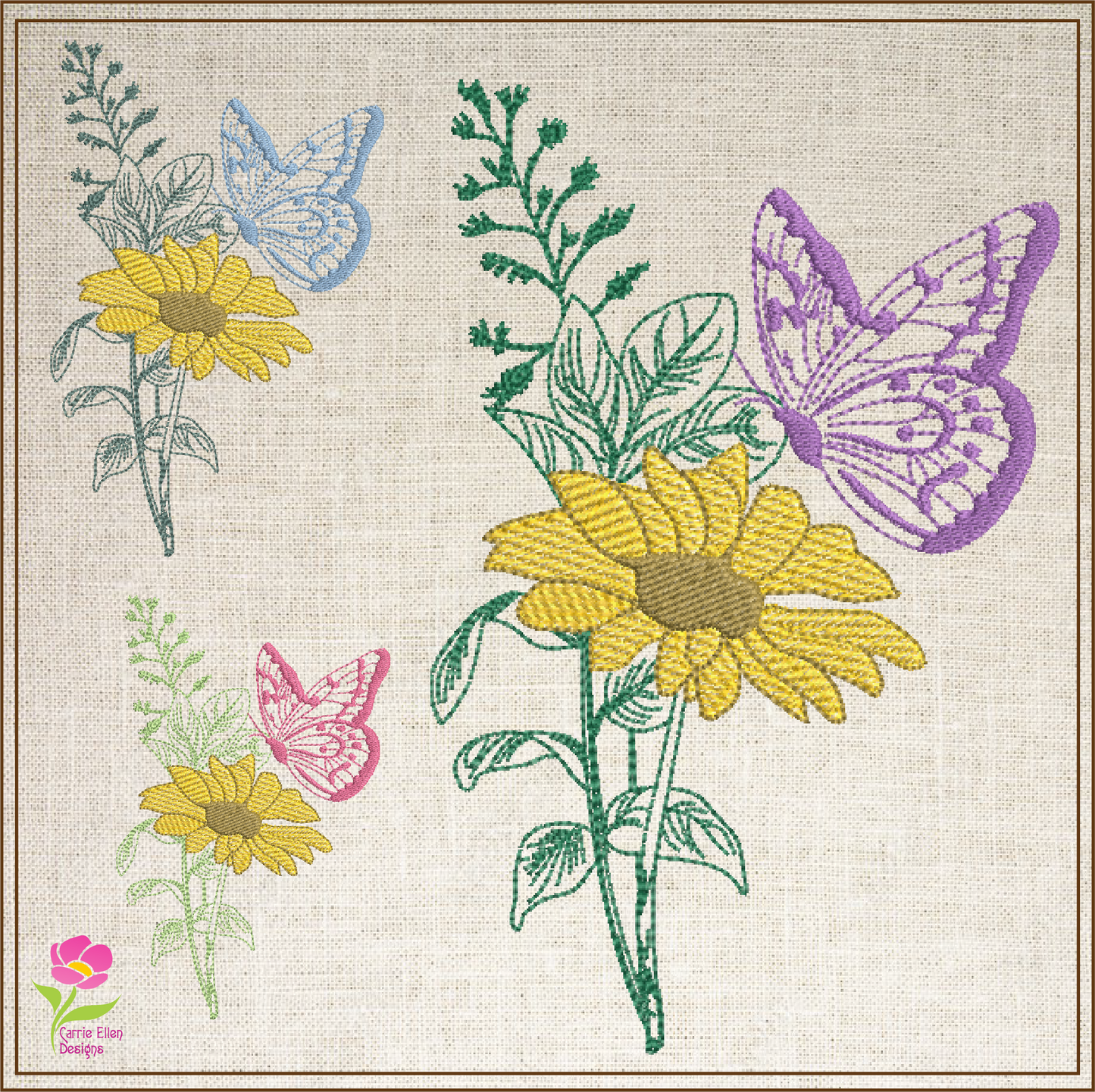 Sunflower and Butterfly Machine Embroidery Design | Artistic Sketch | Home & Garden Line Art | 6 Sizes (0743)
