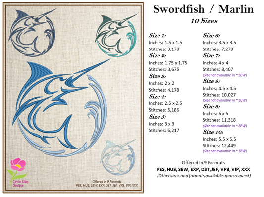 Pacific Blue Marlin Machine Embroidery Design, North Atlantic Swordfish, Marlin Sailfish Design, 10 Sizes (0361)