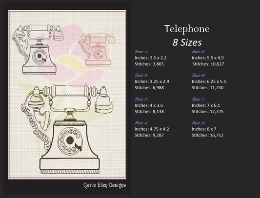 Vintage Telephone Machine Embroidery Design | Retro Rotary Phone Line Art Embroidery | 8 Sizes (0976)