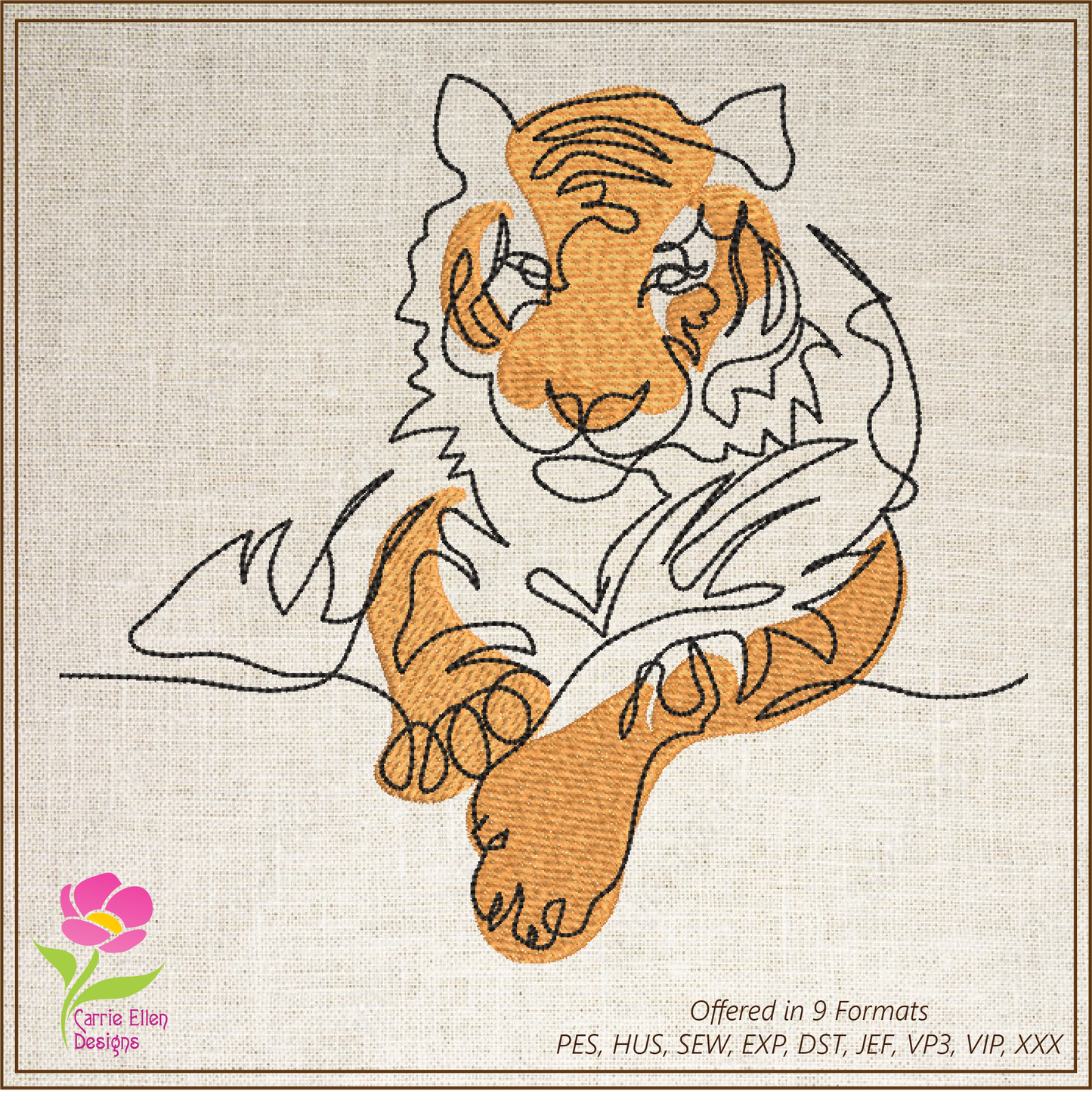 Tiger Machine Embroidery Design, Animal Embroidery, Tiger Line Art Embroidery Design, Jungle Wild Cat Embroidery, 6 Sizes (0369)