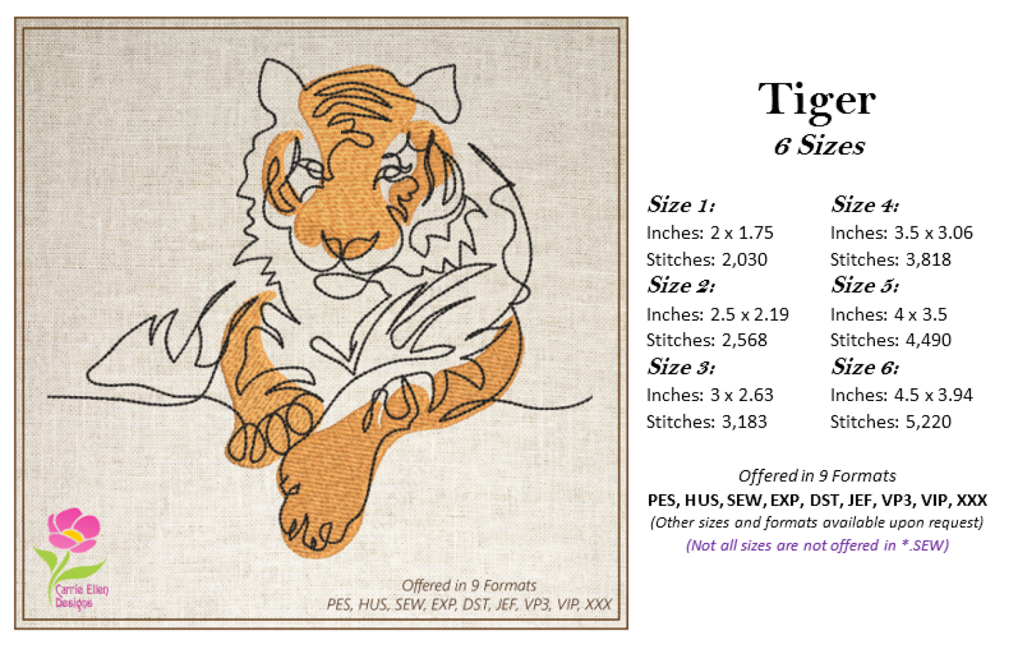 Tiger Machine Embroidery Design, Animal Embroidery, Tiger Line Art Embroidery Design, Jungle Wild Cat Embroidery, 6 Sizes (0369)