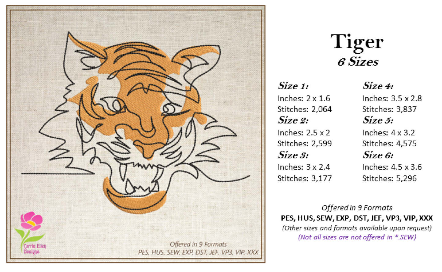 Tiger Machine Embroidery Design, Animal Embroidery, Tiger Line Art Embroidery Design, Jungle Wild Cat Embroidery, 6 Sizes (0370)