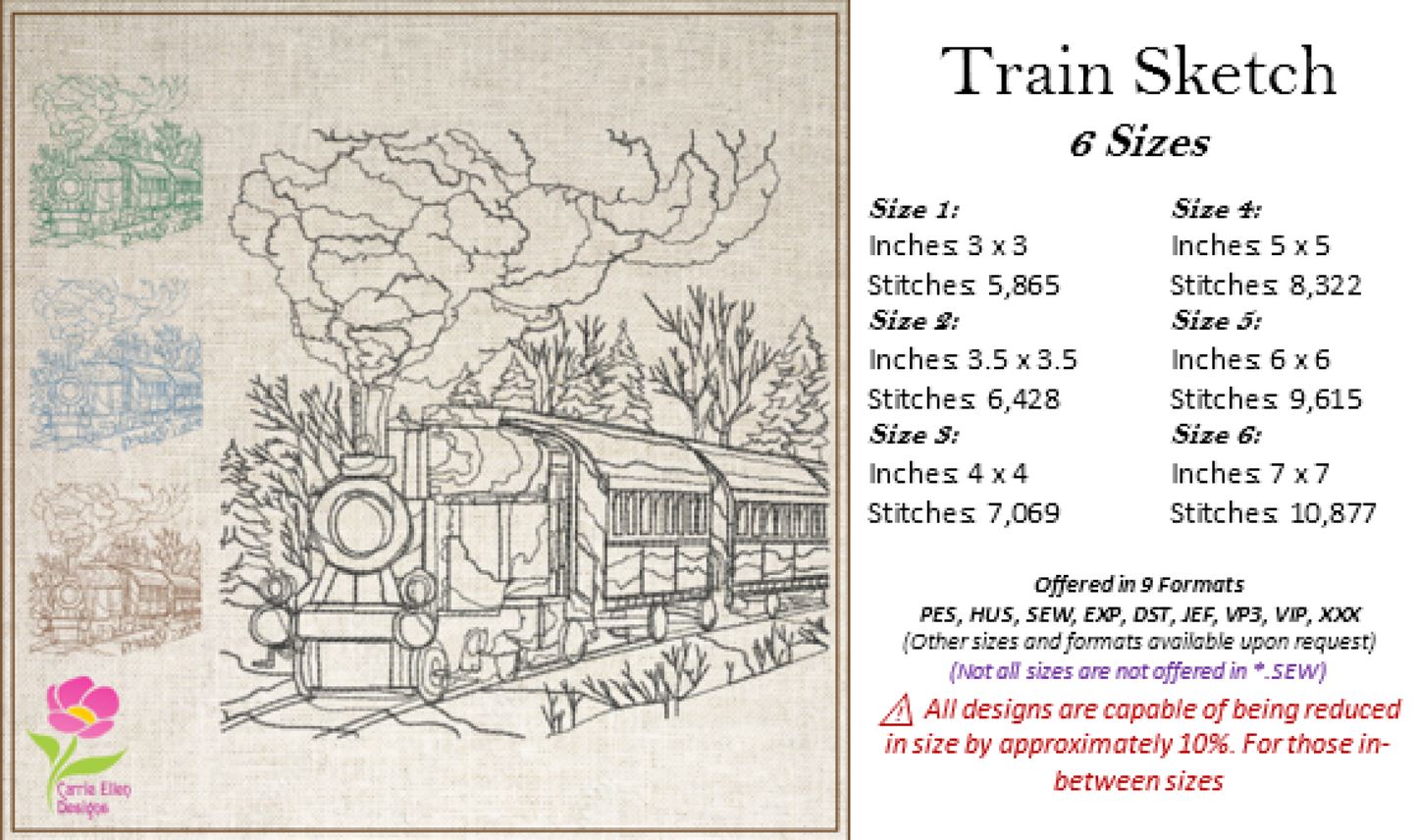 Train Scene Sketch Machine Embroidery Design – Vintage Locomotive Railroad Pattern, 6 Sizes (0554)