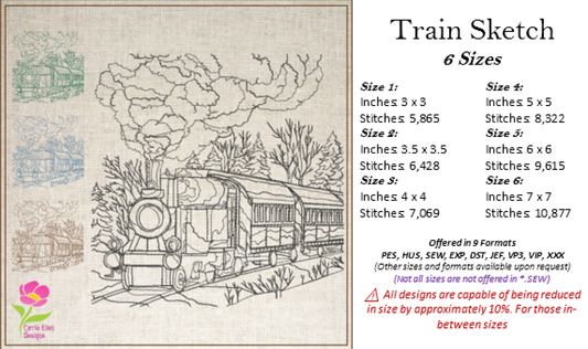 Train Scene Sketch Machine Embroidery Design – Vintage Locomotive Railroad Pattern, 6 Sizes (0554)