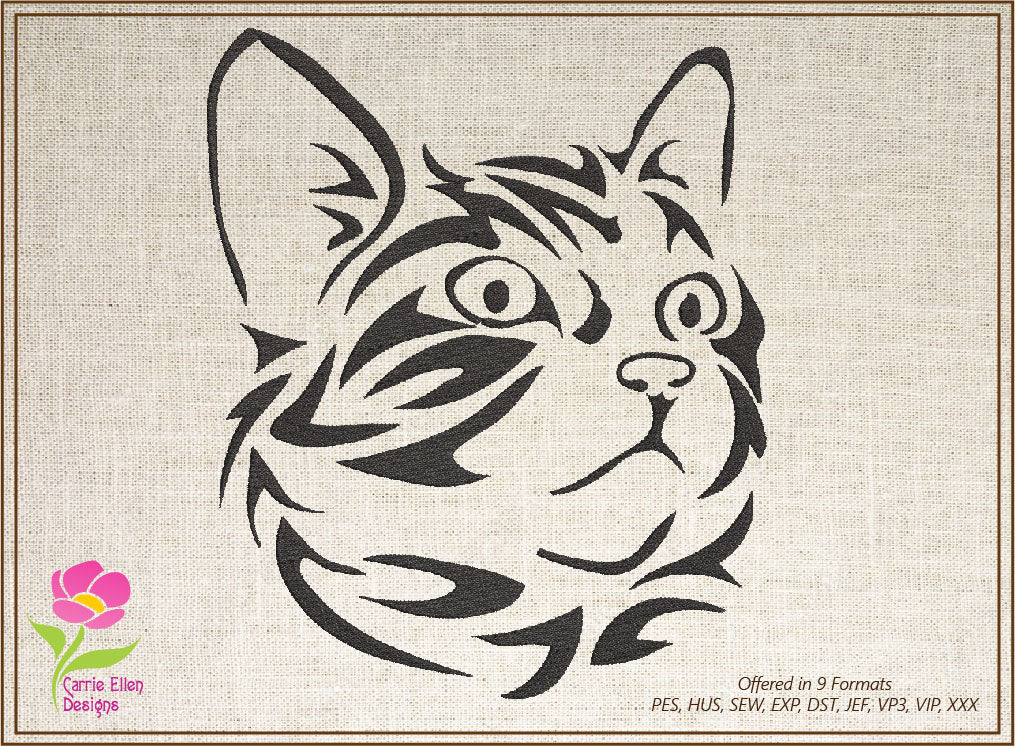 Cat Machine Embroidery Design Bundle – Tribal Cat Face Tattoo Style – 3 Designs, 10 Sizes Each (0295)