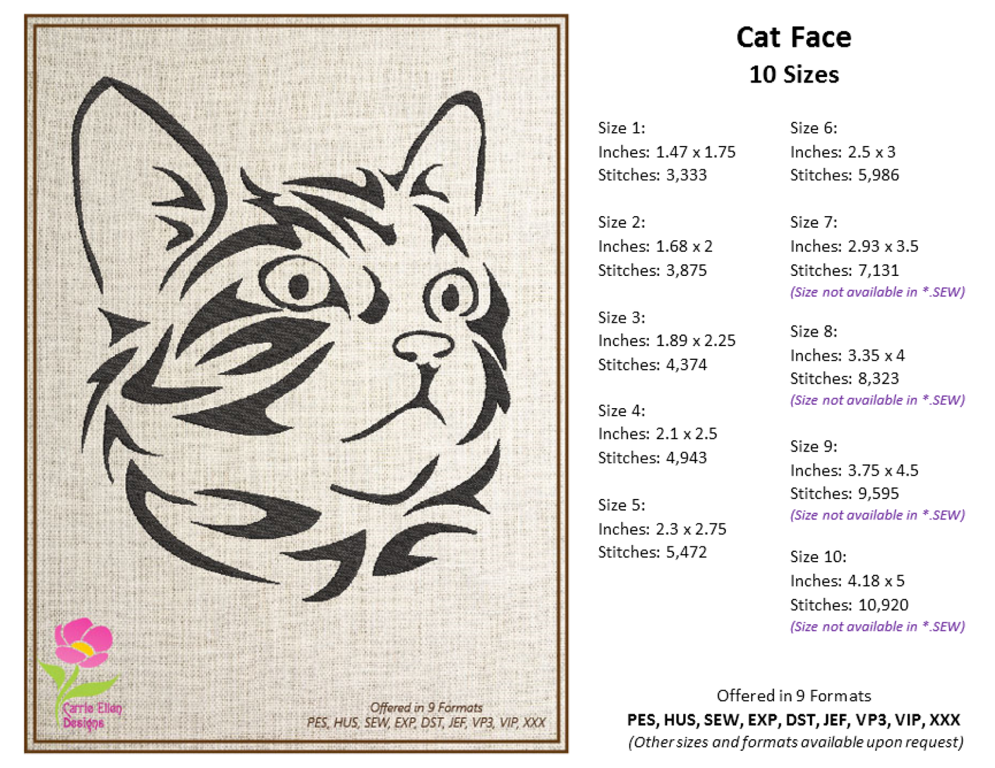 Cat Machine Embroidery Design Bundle – Tribal Cat Face Tattoo Style – 3 Designs, 10 Sizes Each (0295)