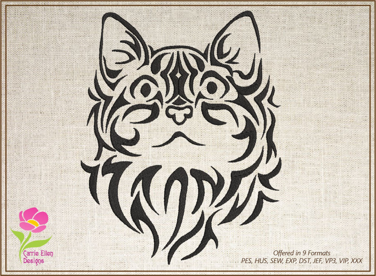 Cat Machine Embroidery Design Bundle – Tribal Cat Face Tattoo Style – 3 Designs, 10 Sizes Each (0295)