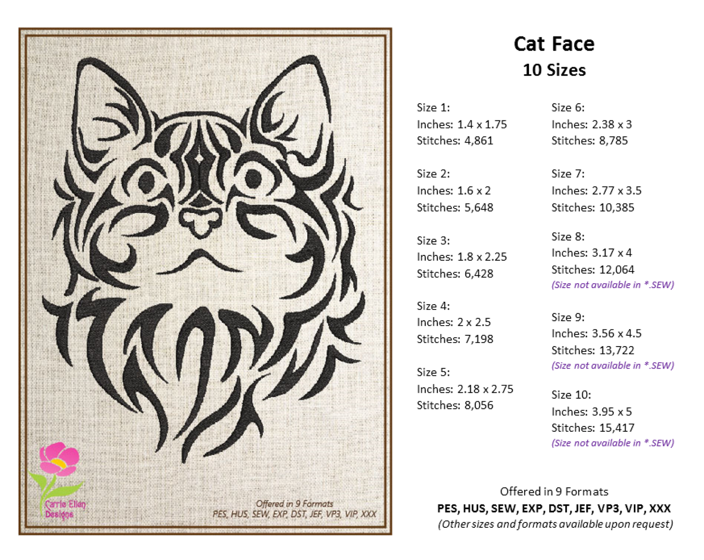 Cat Machine Embroidery Design Bundle – Tribal Cat Face Tattoo Style – 3 Designs, 10 Sizes Each (0295)