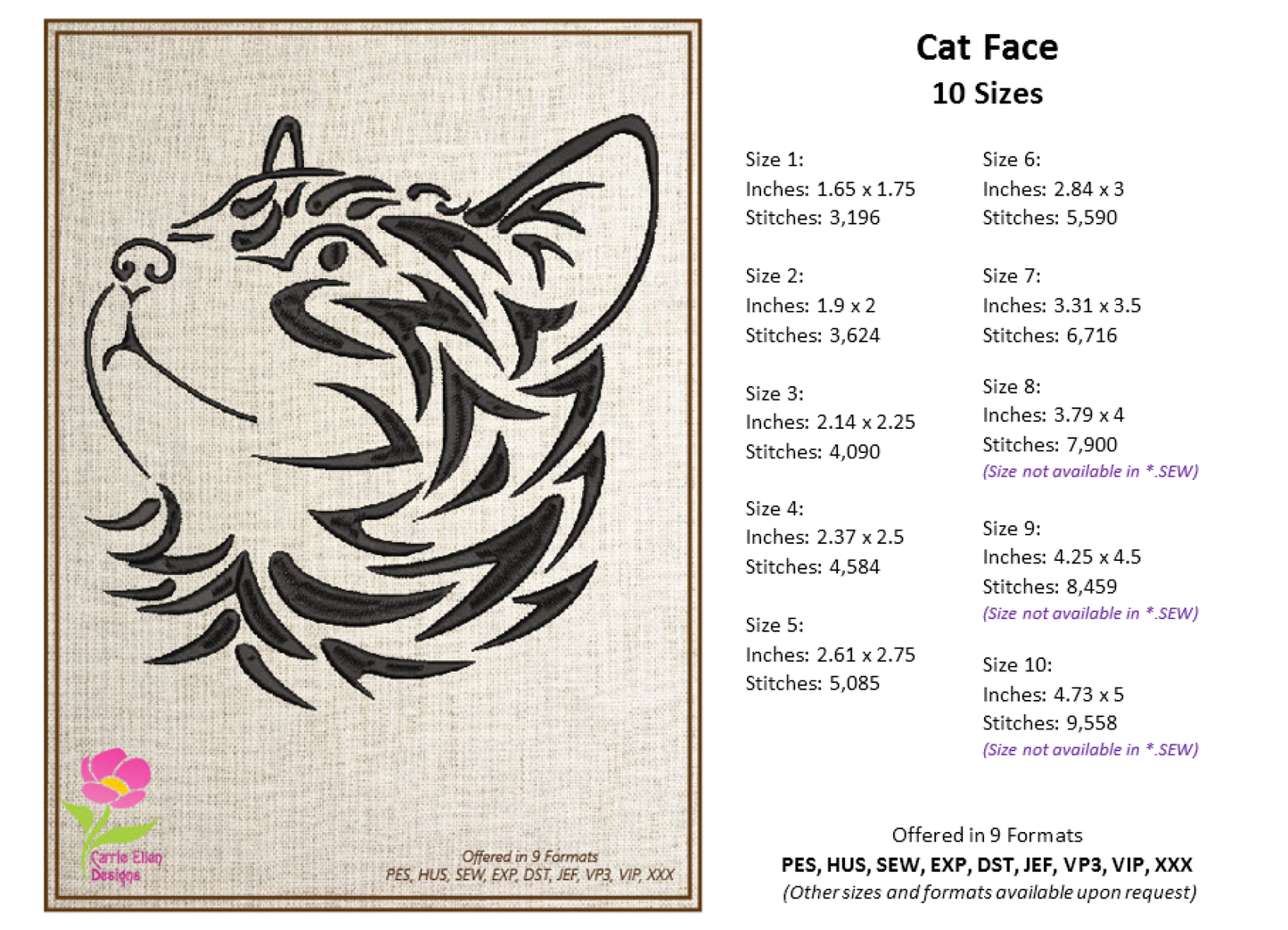 Cat Machine Embroidery Design Bundle – Tribal Cat Face Tattoo Style – 3 Designs, 10 Sizes Each (0295)