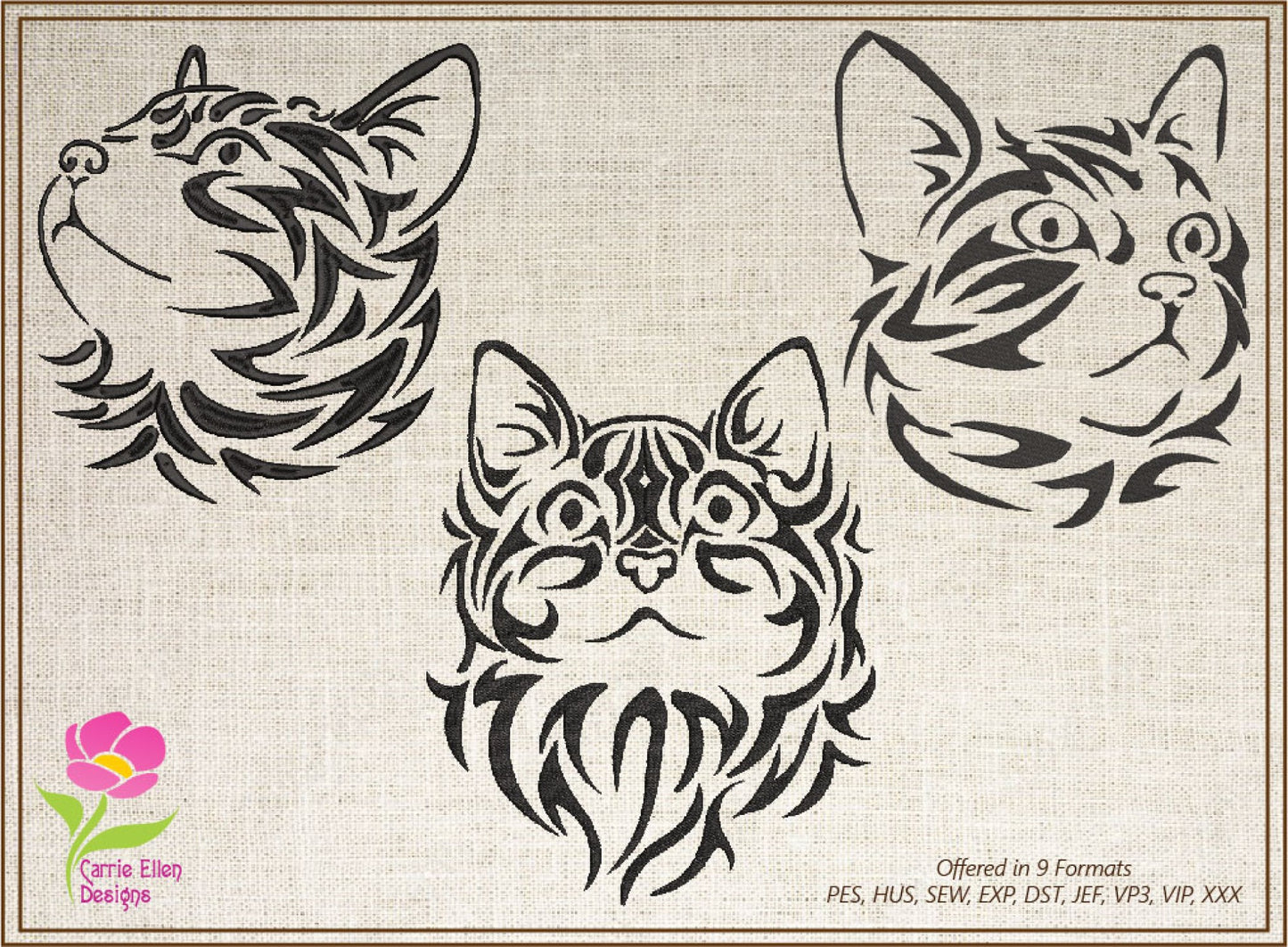 Cat Machine Embroidery Design Bundle – Tribal Cat Face Tattoo Style – 3 Designs, 10 Sizes Each (0295)