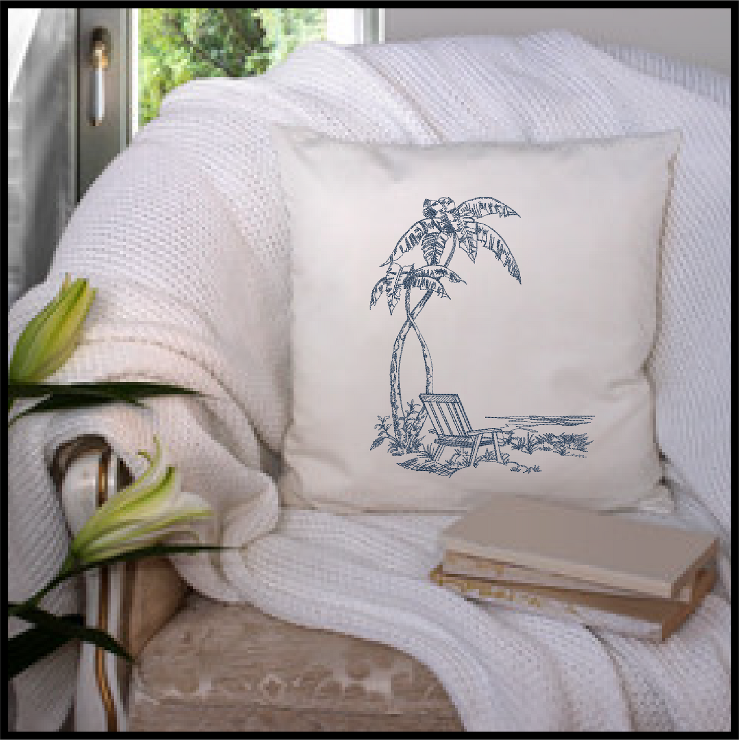 Tropical Beach Scene Machine Embroidery Sketch Design | Summer Embroidery | Beach Chair Pattern | 6 Sizes (0733)