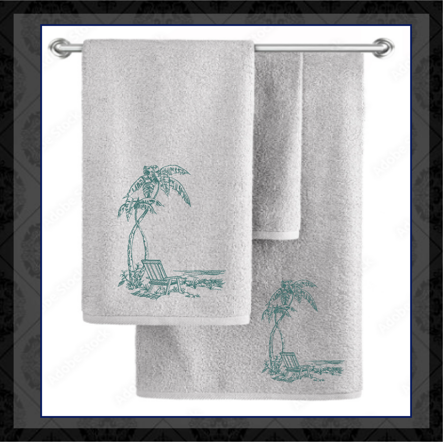 Tropical Beach Scene Machine Embroidery Sketch Design | Summer Embroidery | Beach Chair Pattern | 6 Sizes (0733)