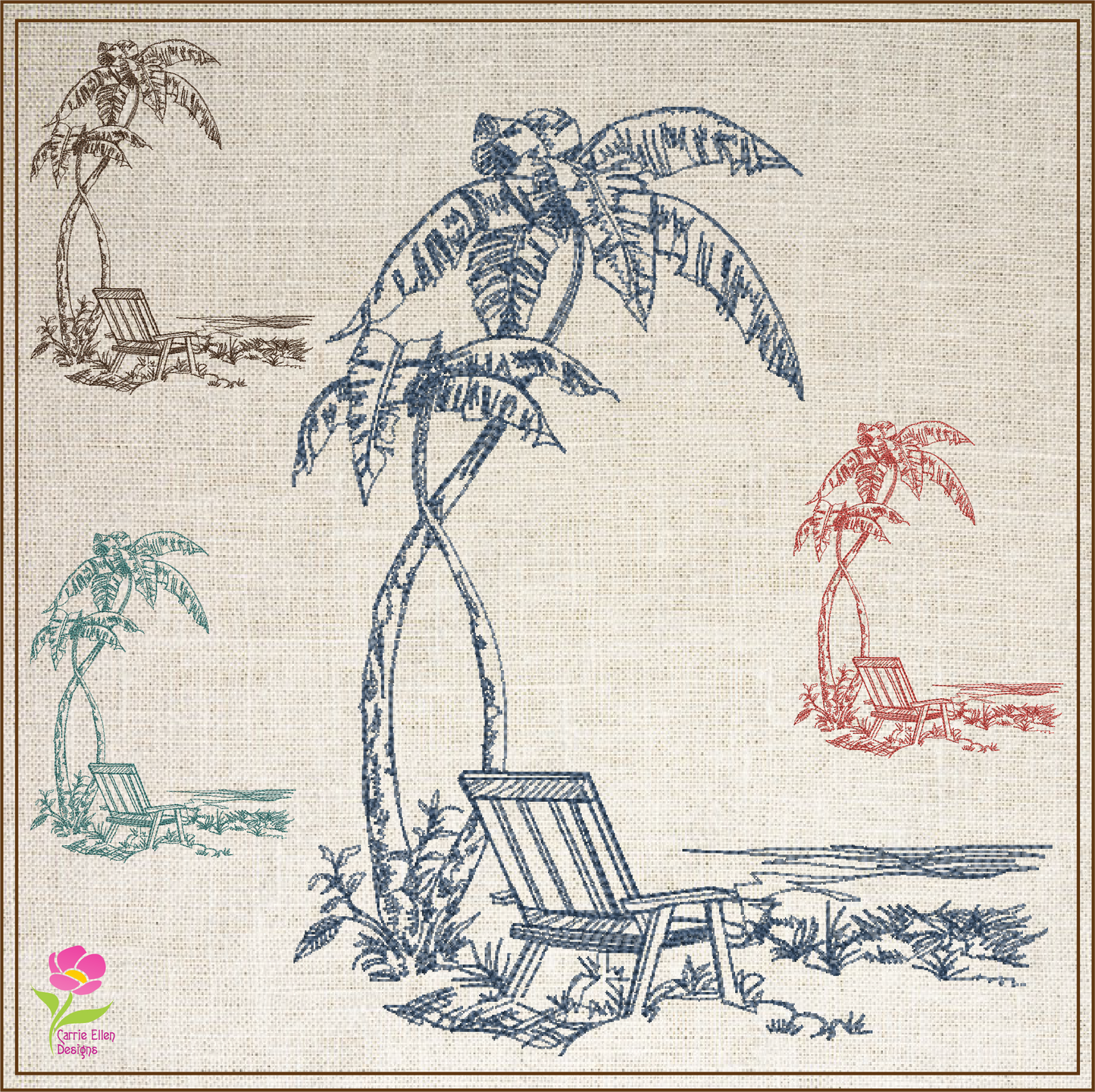 Tropical Beach Scene Machine Embroidery Sketch Design | Summer Embroidery | Beach Chair Pattern | 6 Sizes (0733)