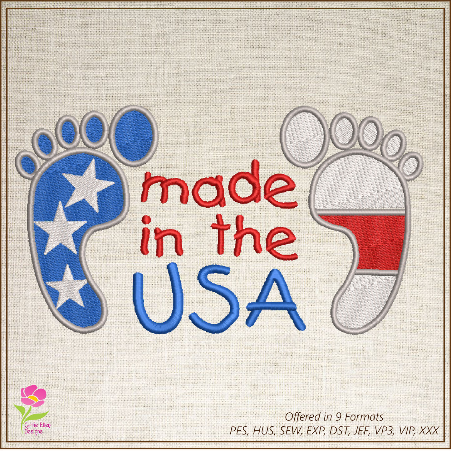 Made in the USA Baby Feet Machine Embroidery Design – Newborn, Baby, and Toddler Embroidery – Patriotic Baby Bib & Onesie Design – 8 Sizes (0226)