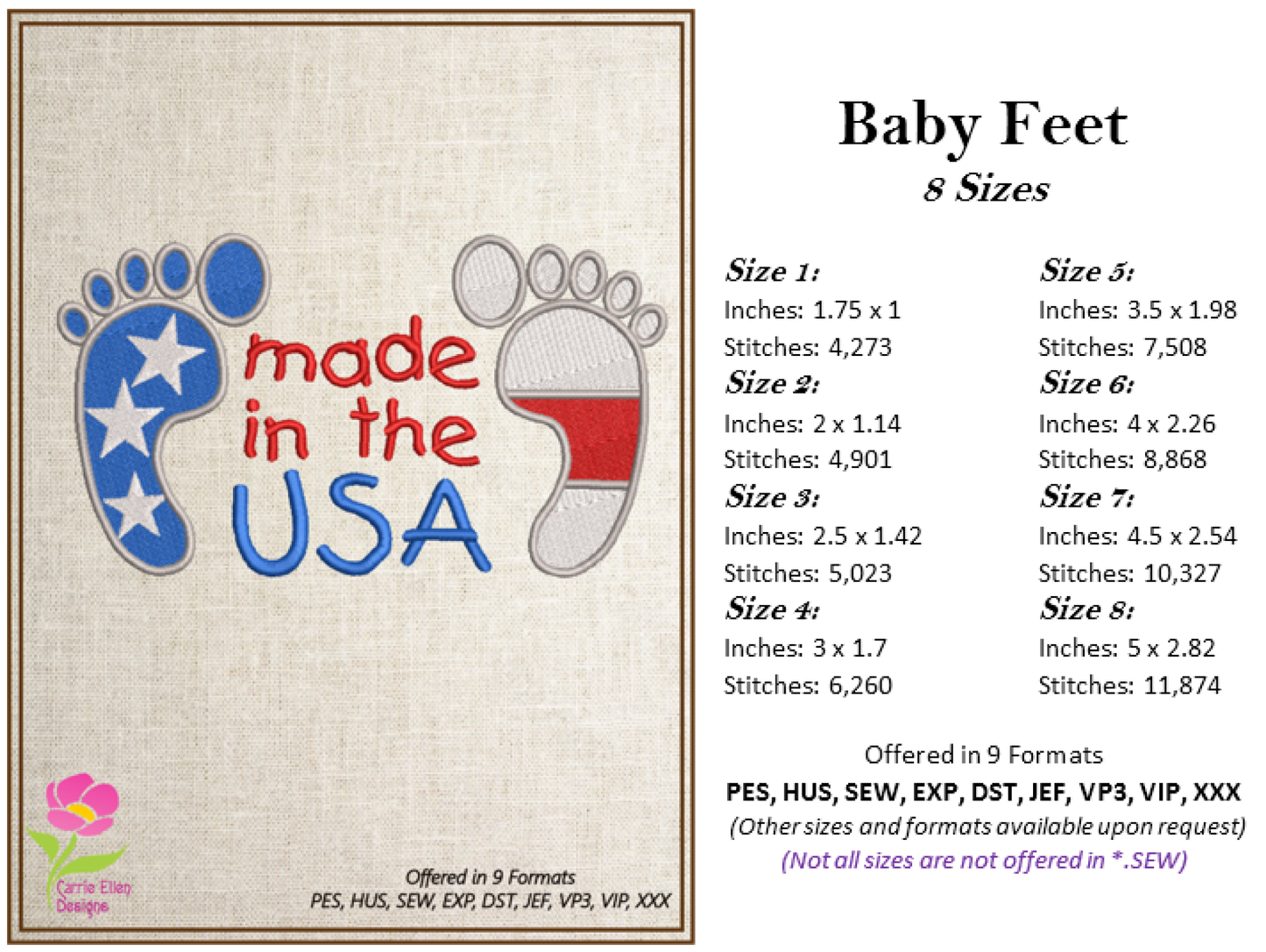 Made in the USA Baby Feet Machine Embroidery Design – Newborn, Baby, and Toddler Embroidery – Patriotic Baby Bib & Onesie Design – 8 Sizes (0226)