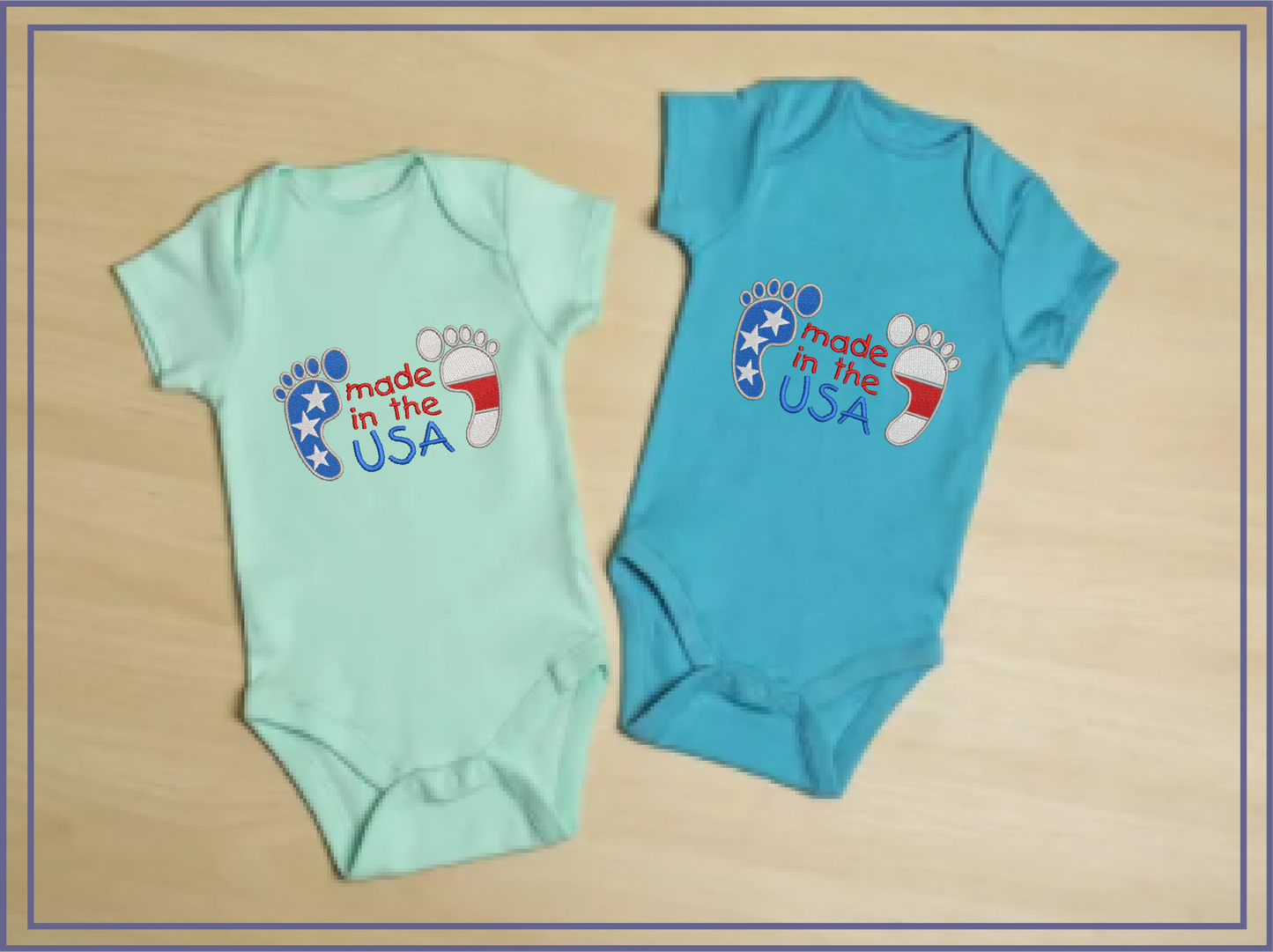 Made in the USA Baby Feet Machine Embroidery Design – Newborn, Baby, and Toddler Embroidery – Patriotic Baby Bib & Onesie Design – 8 Sizes (0226)