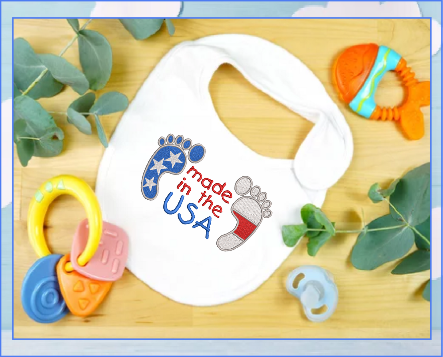 Made in the USA Baby Feet Machine Embroidery Design – Newborn, Baby, and Toddler Embroidery – Patriotic Baby Bib & Onesie Design – 8 Sizes (0226)