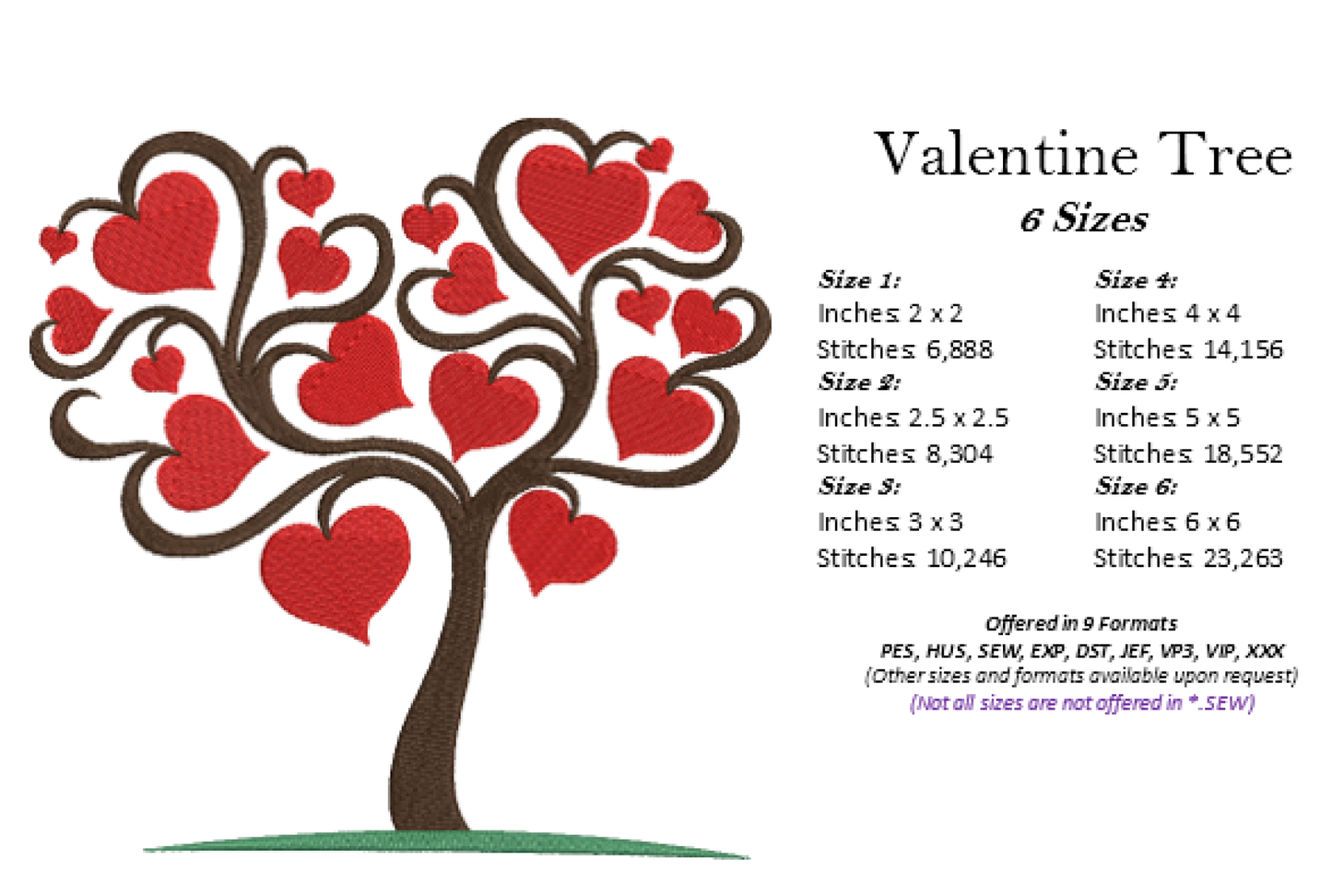 Heart Tree Machine Embroidery Design – Valentine’s Day, Blooming Hearts, Floral Garden Design – 6 Sizes (0408)