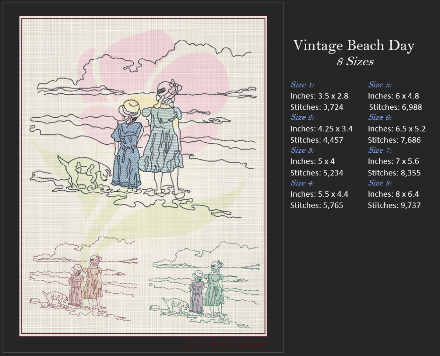 Vintage Beach Day Machine Embroidery Design | Classic Beach Scene with Girls and Dog | Sand and Waves Sketch Design | 8 Sizes (0860)