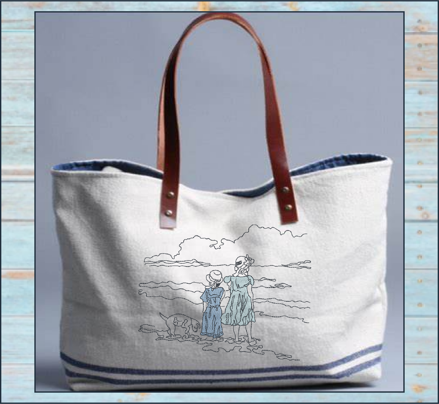 Vintage Beach Day Machine Embroidery Design | Classic Beach Scene with Girls and Dog | Sand and Waves Sketch Design | 8 Sizes (0860)