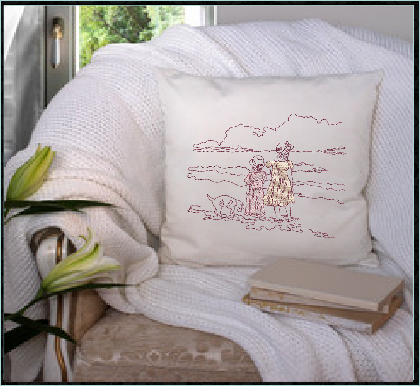 Vintage Beach Day Machine Embroidery Design | Classic Beach Scene with Girls and Dog | Sand and Waves Sketch Design | 8 Sizes (0860)