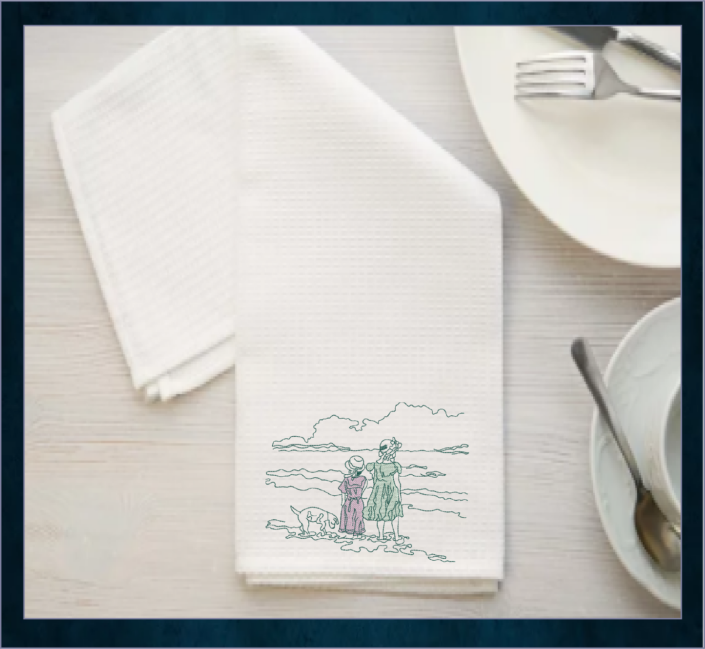 Vintage Beach Day Machine Embroidery Design | Classic Beach Scene with Girls and Dog | Sand and Waves Sketch Design | 8 Sizes (0860)