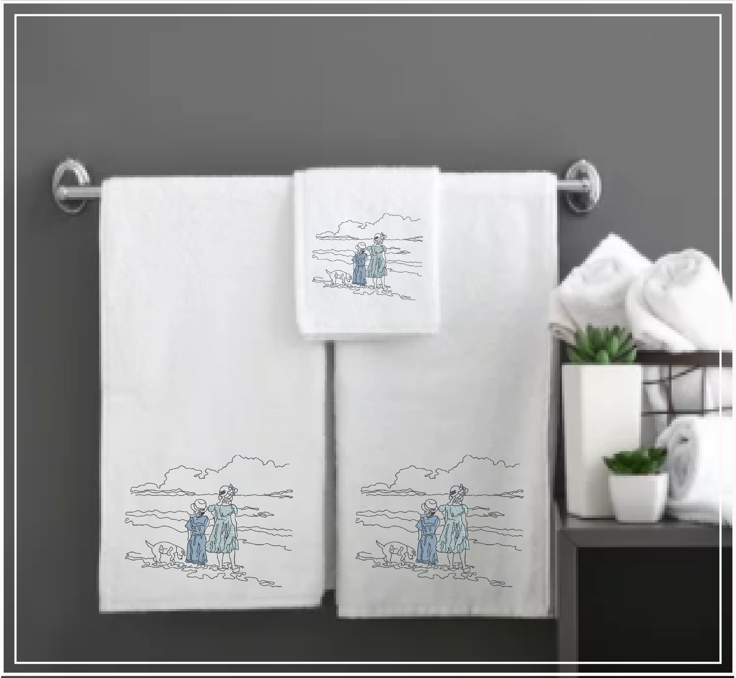 Vintage Beach Day Machine Embroidery Design | Classic Beach Scene with Girls and Dog | Sand and Waves Sketch Design | 8 Sizes (0860)