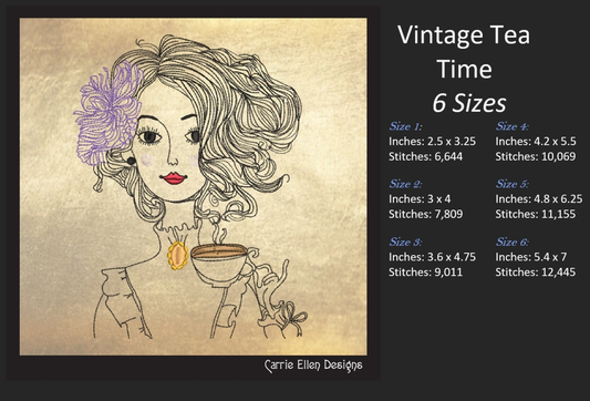 Vintage Victorian Lady Drinking Tea – Machine Embroidery Design – Tea Party Guest Line Art Sketch – 6 Sizes (1461)